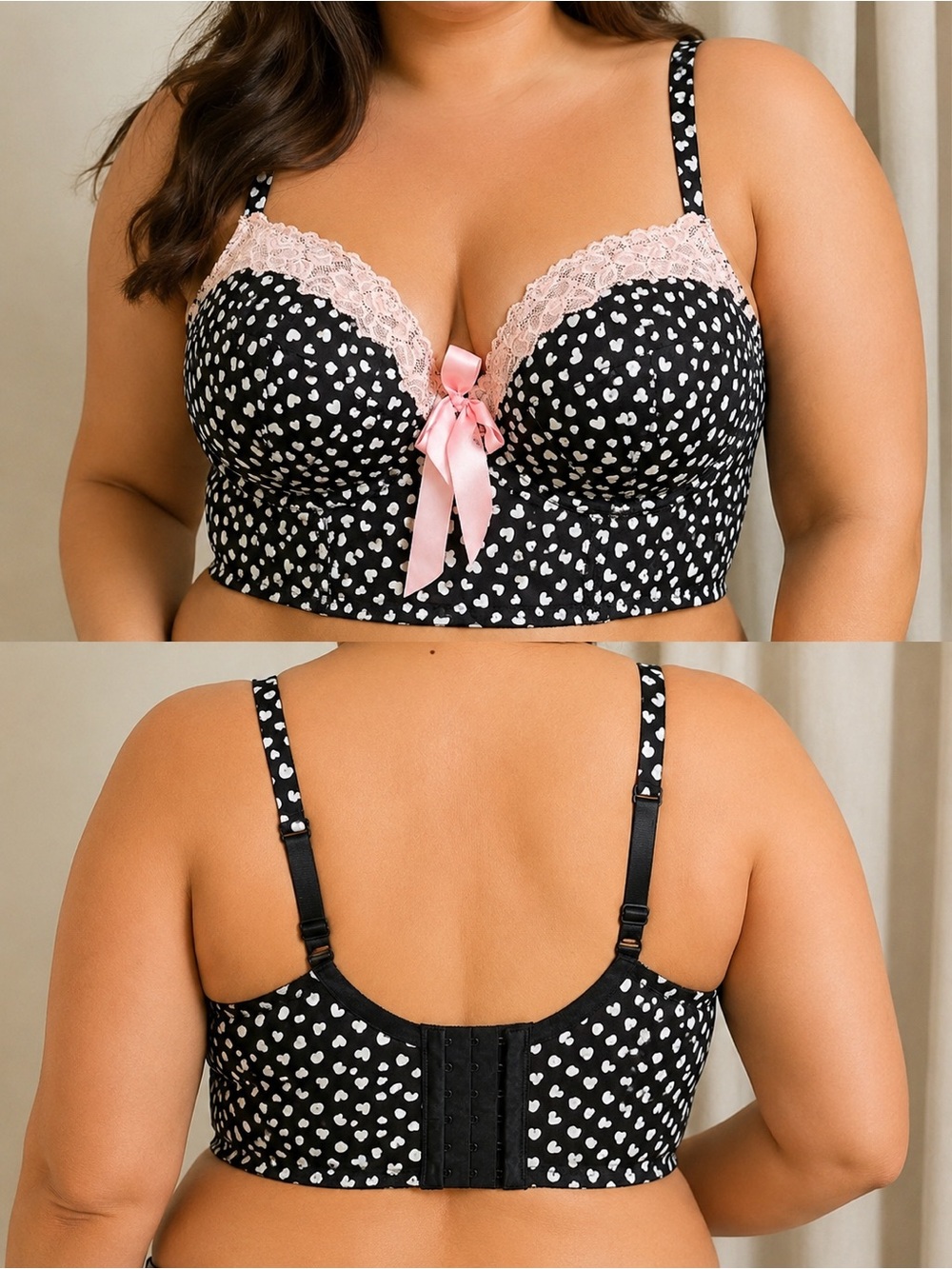 Cacique Intimates Longline Balconette Bra 44C Black Heart Print Lace Bustier